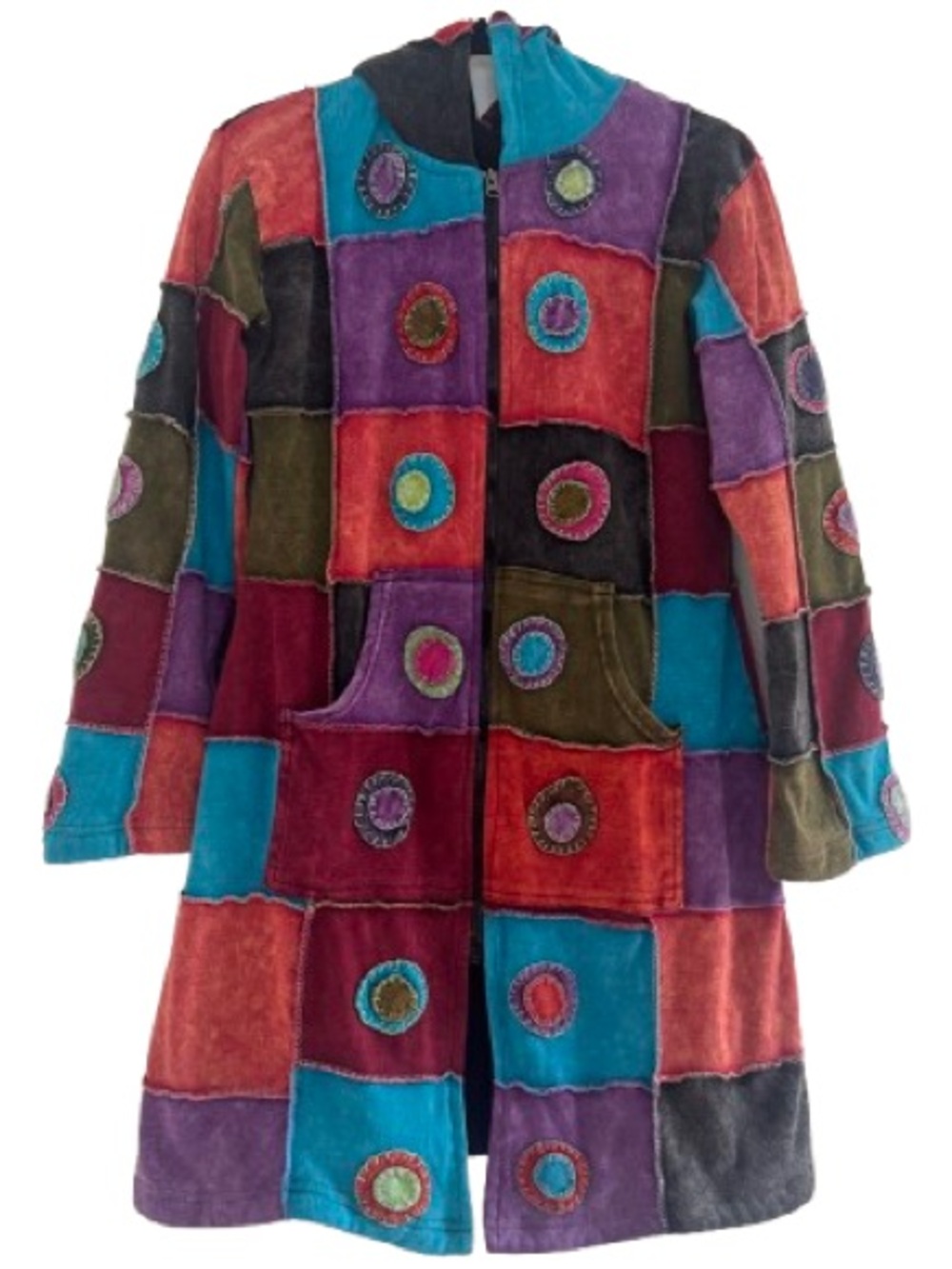 KPC Colorful Patchwork Longline Zip Hooded Cardigan Sweater Boho Festival